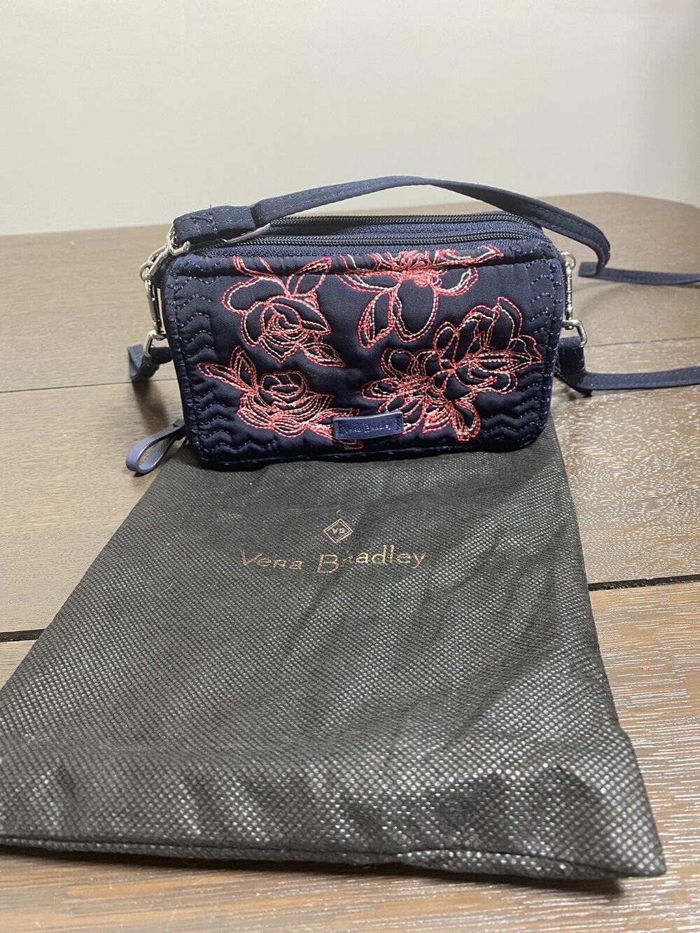 Vera Bradley Snap Ultimate Wallet in Navy Blue With Red Roses Pattern & Dust Bag